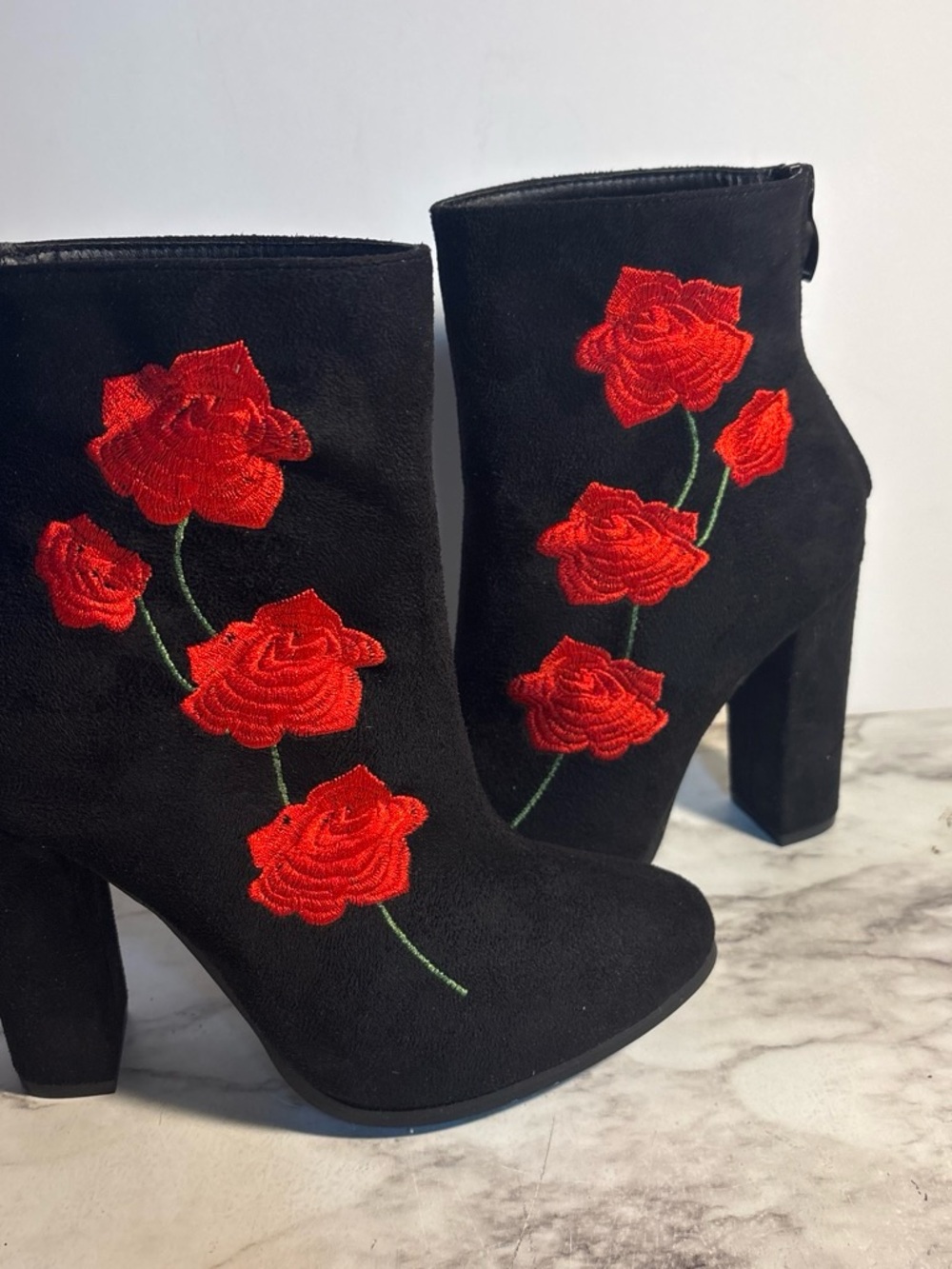 Black Ankle Booties with Red Rose Embroidery